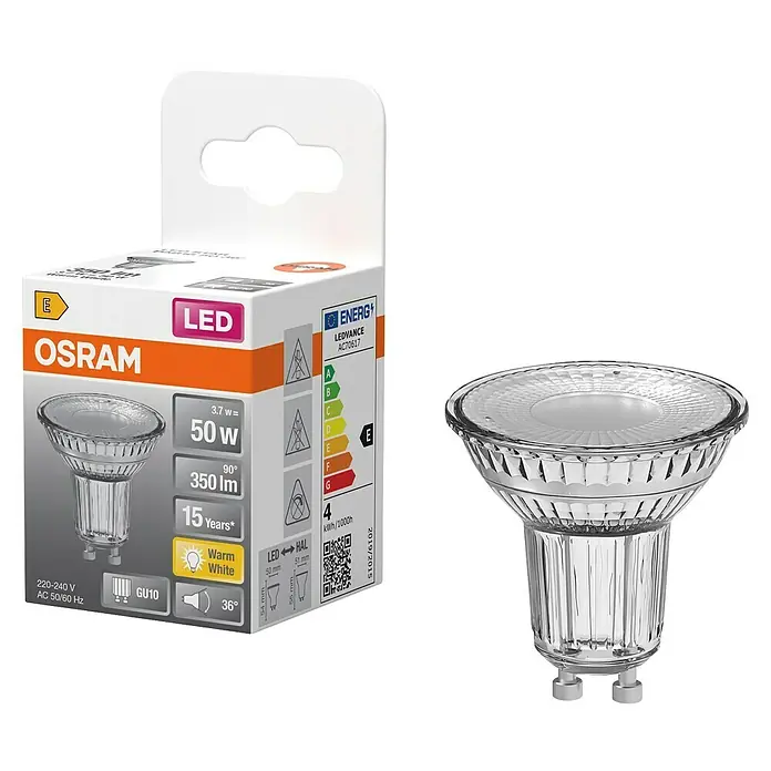 Osram Star LED-Lampe - GU10, Nicht Dimmbar, Warmweiß, 350 lm, 3,7 W, 1 Stk. - Nahaufnahme einer OSRAM LED Lampe, effizient und langlebig für den täglichen Gebrauch, verpackt in einer bunten Box.