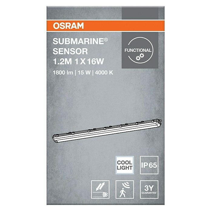 Osram Led-lichtbalk voor vochtige ruimtes Submarine (l x b x h: 126,1 x 6,6 x 7,5 cm, Lichtkleur: Koud wit, 16 W, IP65) | BAUHAUS