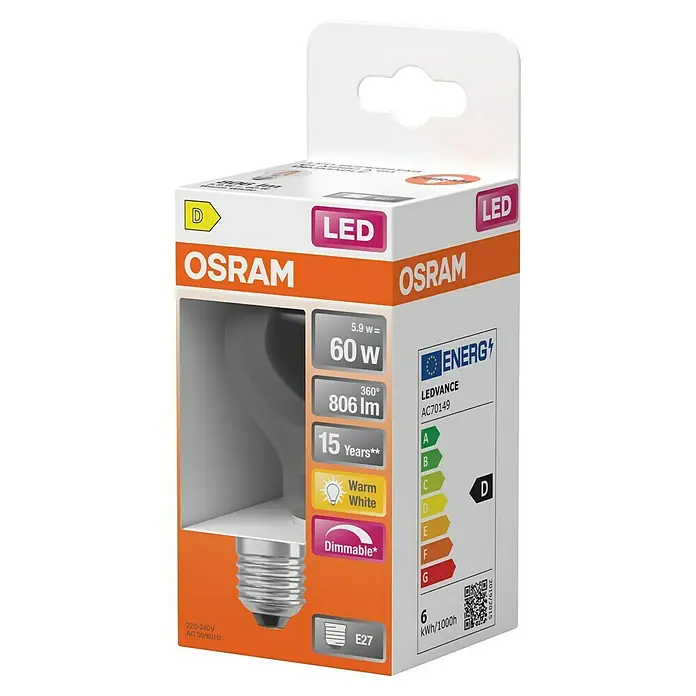 Osram Superstar LED-Lampe - E27, Dimmbar, Warmweiß, 806 lm, 5,9 W - Eine LED-Lampe der Marke Osram in ihrer Verpackung. Die Lampe ist dimmbar und hat eine Lebensdauer von 15 Jahren.