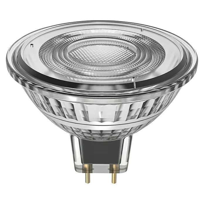 Osram Superstar LED-Lampe MR16 - GU5,3, Dimmbar, Warmweiß, 621 lm, 6,1 W - Nahaufnahme einer MR16 LED-Lampe mit klarem Glasgehäuse und zweipoligem Sockel, ideal für Akzentbeleuchtung.