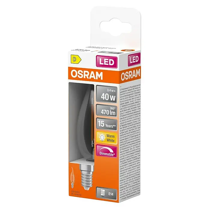 Osram Superstar LED-Lampe Classic BA - E14, Dimmbar, Warmweiß, 470 lm, 3,4 W - OSRAM LED-Lampe E14 mit 3.4W, entspricht 40W, 470 Lumen, warmweiß und dimmbar. Lange Lebensdauer von 15 Jahren.