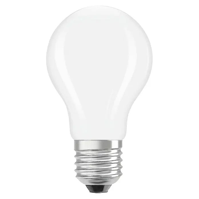 Osram Superstar LED-Lampe Classic A - frosted - E27, Dimmbar, Warmweiß, 806 lm, 5,9 W - Nahaufnahme einer matten, tropfenförmigen LED-Glühbirne mit einem silbernen E27-Sockel vor einem transparenten Hintergrund.