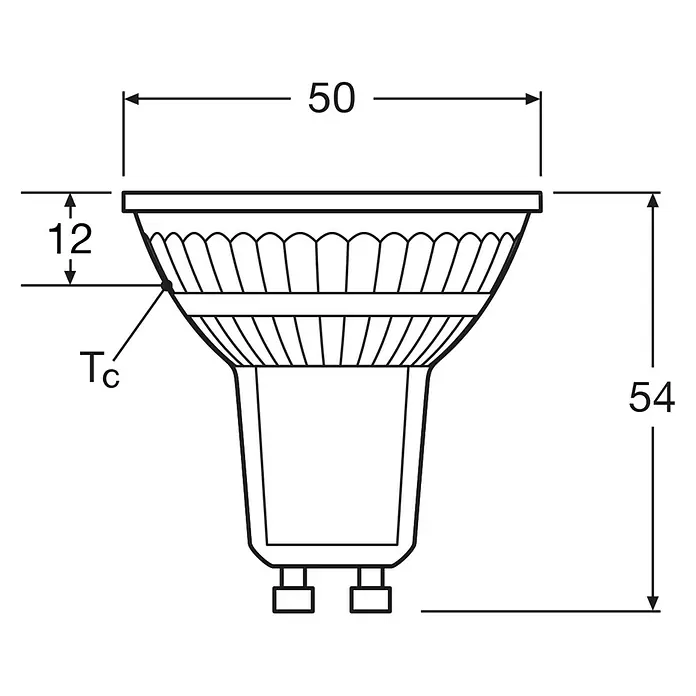 Osram Star LED-Lampe - GU10, Nicht Dimmbar, Warmweiß, 350 lm, 3,7 W, 1 Stk. - Schema einer GU10 Lampe mit den Maßen 50 mm breit und 54 mm hoch, 12 mm Randhöhe. Die Lampe ist detailliert gezeichnet.