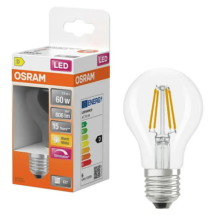 Osram Superstar LED-Lampe - E27, Dimmbar, Warmweiß, 806 lm, 5,9 W - Produktaufnahme einer Osram LED-Lampe mit E27-Sockel und Verpackung, die Informationen zu Helligkeit, Energieeffizienz und Lebensdauer enthält.