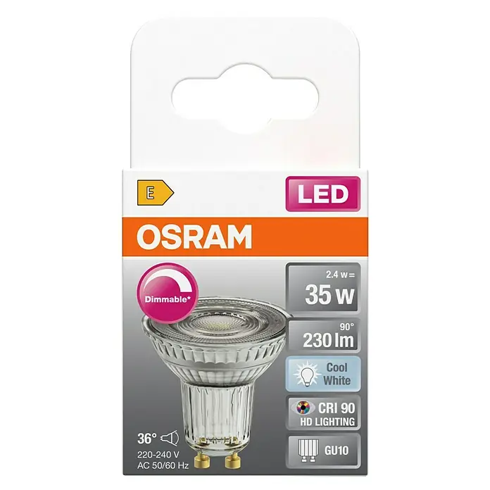 Osram Superstar LED-Lampe PAR16 - 2,4W - GU10, Dimmbar, Kaltweiß, 230 lm, 2,4 W - Nahaufnahme der Verpackung einer OSRAM LED-Lampe, dimmbar, 35W, mit den Spezifikationen und dem Markenlogo deutlich sichtbar.