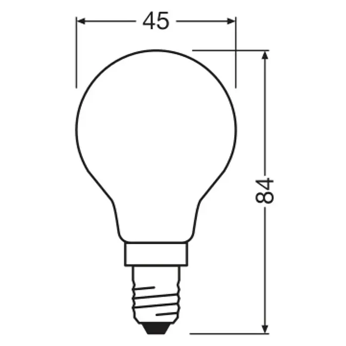 Osram Star Bombilla LED Classic - E14, No regulable, Blanco diurno, 470 lm, 3,4 W - Esquema de una bombilla con medidas de 45 mm de ancho y 84 mm de alto que muestra las dimensiones del producto para fines técnicos.