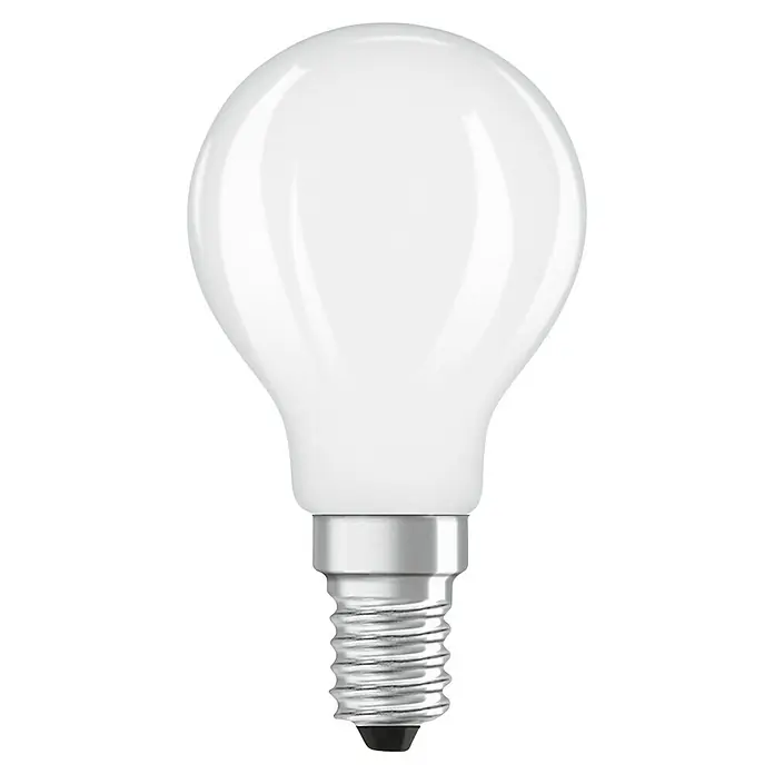 Osram Star Bombilla LED Classic - E14, No regulable, Blanco diurno, 470 lm, 3,4 W - Primer plano de una bombilla E14 clara y mate con forma de gota, que proporciona una iluminación suave y difusa para un ambiente acogedor.
