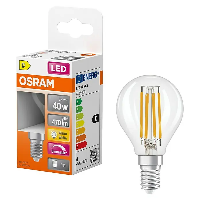 Osram Bombilla LED Esferic - E14, 3,4 W, 470 lm - Bombilla LED de la marca Osram. La bombilla tiene una potencia de 4W, produce luz blanca cálida y es regulable. La clase de eficiencia energética es D.