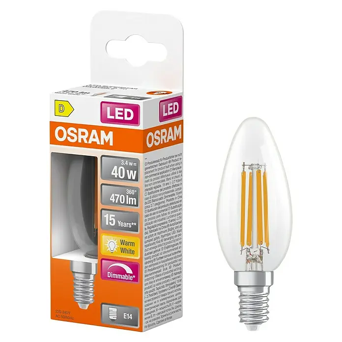 Osram Bombilla LED vela - E14, 3,4 W, 470 lm - Bombilla LED Osram, 3,4W equivalente a 40W, luz cálida, regulable, base E14, duración 15 años.