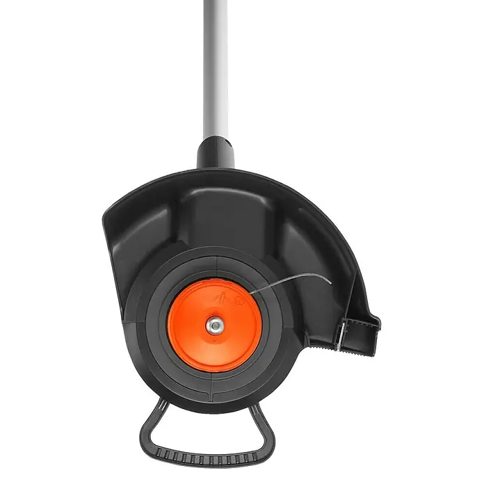 Gardena Elektro-Rasentrimmer ComfortCut 550/28 - 550 W, Schnittbreite Faden: 28 cm - Nahaufnahme eines Rasentrimmerkopfes, der ein orangefarbenes Bedienelement und einen Tragegriff hat, isoliert auf Schwarz.