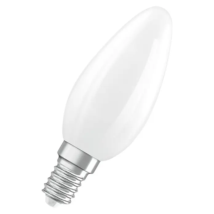 Osram Superstar LED-Lampe Classic B - E14, Dimmbar, Warmweiß, 250 lm, 1,8 W - Nahaufnahme einer matten E14 LED Lampe in Kerzenform, die ein warmes, angenehmes Licht für Wohnräume bietet.