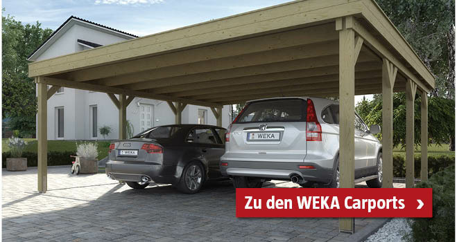 Doppelcarport aus Holz vor dem Haus mit 2 Autos