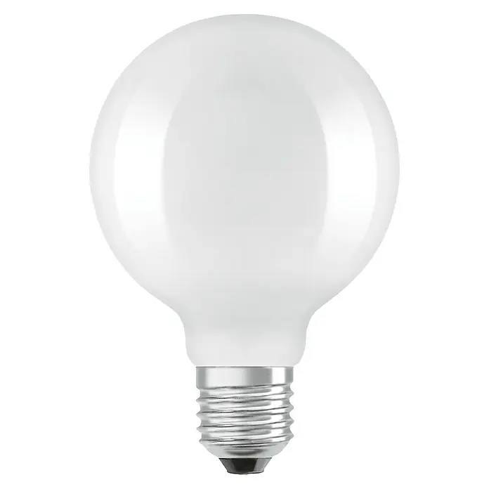 Osram Star LED-Lampe Globe 95 - E27, Nicht Dimmbar, Warmweiß, 806 lm, 5,9 W - Nahaufnahme einer matten LED-Globelampe mit Schraubsockel, ideal für stimmungsvolle Beleuchtung und energieeffiziente Lichtquellen.