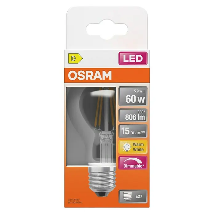 Osram Superstar LED-Lampe - E27, Dimmbar, Warmweiß, 806 lm, 5,9 W - Produktverpackung einer dimmbaren Osram LED-Glühbirne, E27-Sockel, warmweißes Licht, 60W Äquivalent, Energieeffizienzklasse D.