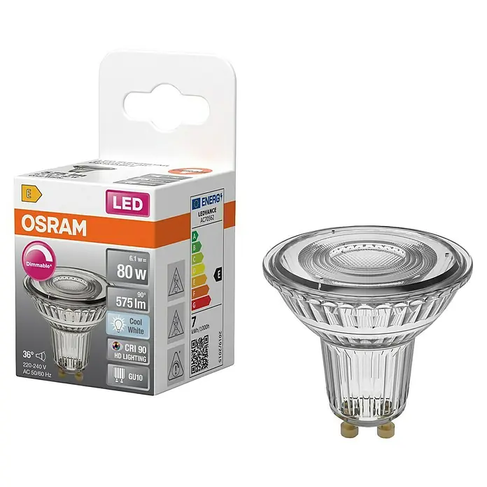 Osram Bombilla LED - GU10, 6,1 W, 575 lm - Imagen de una lámpara LED Osram de 80W regulable, mostrando su eficiencia energética E y base GU10 para una iluminación versátil.