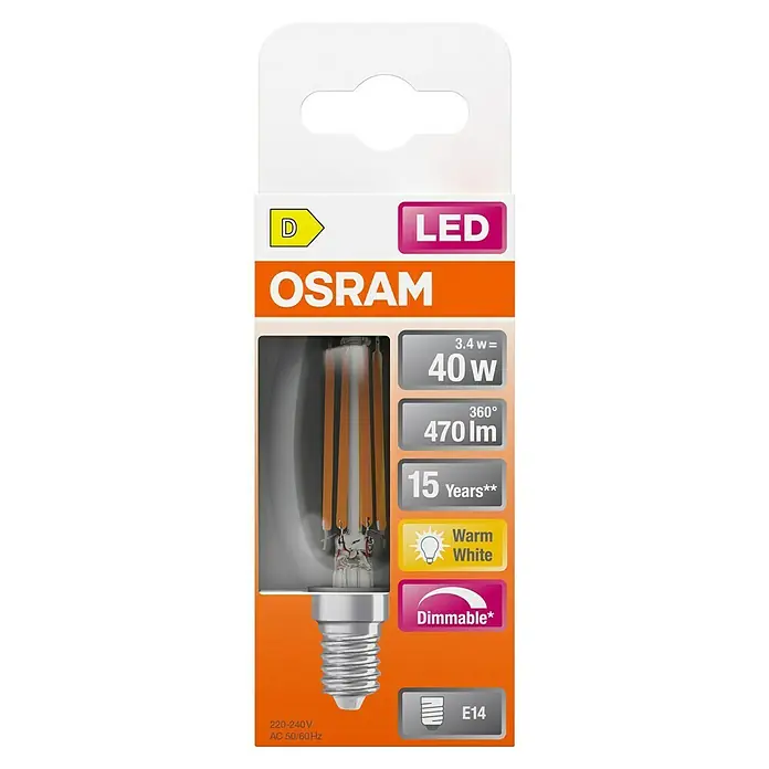 Osram Bombilla LED vela - E14, 3,4 W, 470 lm - Embalaje de una bombilla LED Osram con casquillo E14, potencia de 3,4W, luz blanca cálida y función de atenuación, con una vida útil de 15 años.