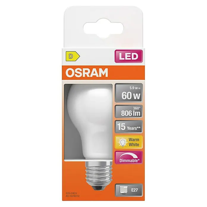 Osram Superstar LED-Lampe Classic A - frosted - E27, Dimmbar, Warmweiß, 806 lm, 5,9 W - Abbildung einer Osram LED-Lampe, 5,9W entspricht 60W, 806 Lumen, warmweiß, dimmbar, 15 Jahre Lebensdauer, E27-Sockel.
