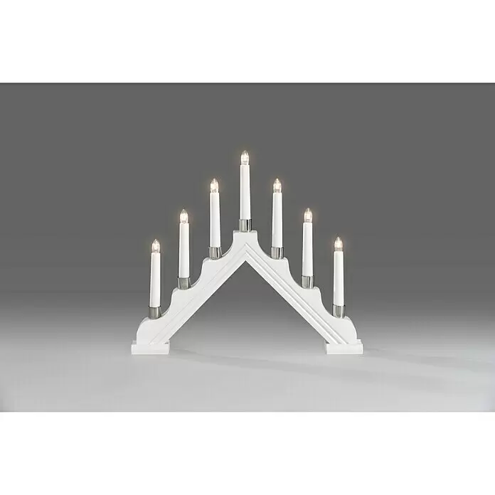 Konstsmide LED-Lichterbogen Holzleuchter - Netzbetrieben, L x B x H: 39 x 5,5 x 34 cm, Neutralweiß, Weiß - Weißer elektrischer Kerzenbogen aus Holz mit sieben beleuchteten Kerzen.