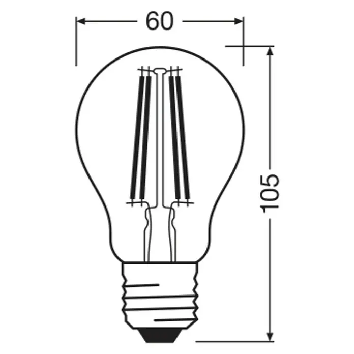 Osram Superstar LED-Lampe - E27, Dimmbar, Warmweiß, 806 lm, 5,9 W - Technische Zeichnung einer Glühbirne mit LED-Filamenten, Maße 60 mm breit und 105 mm hoch.