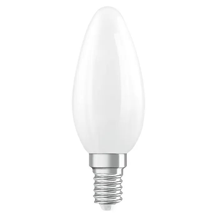 Osram Superstar LED-Lampe Classic B - E14, Dimmbar, Warmweiß, 250 lm, 1,8 W - Nahaufnahme einer LED-Lampe in Kerzenform mit E14-Sockel, die warmes Licht für eine gemütliche Atmosphäre bietet.