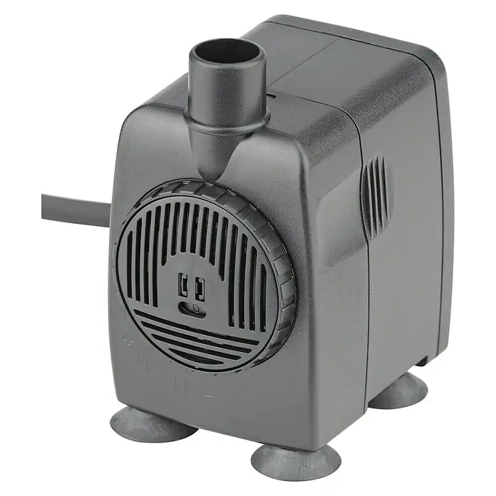 Pontec Statuen-Zimmerbrunnenpumpe PondoCompact 800i - 20 W, Max. Förderhöhe: 150 cm - Nahaufnahme einer grauen, kompakten Aquariumpumpe mit Saugnäpfen zur Befestigung.