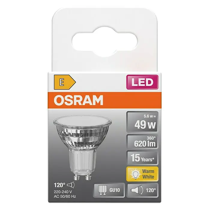 Osram Star LED-Lampe - GU10, Nicht Dimmbar, Warmweiß, 620 lm, 5,6 W - Bild einer LED-Lampe der Marke Osram, 49W, warmweiß, mit einer Lebensdauer von 15 Jahren und Energieeffizienzklasse E.