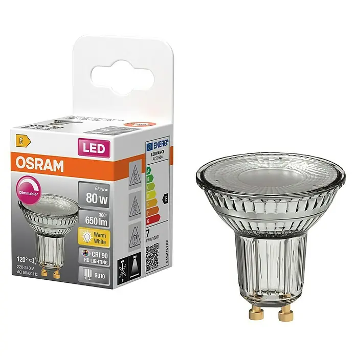 Osram LED-Lampe PAR16 - 6,9W - GU10, 6,9 W, 650 lm - Produktansicht einer Osram LED-Lampe mit 80W, dimmbar, warmweißem Licht und hoher Farbwiedergabe in der Originalverpackung.