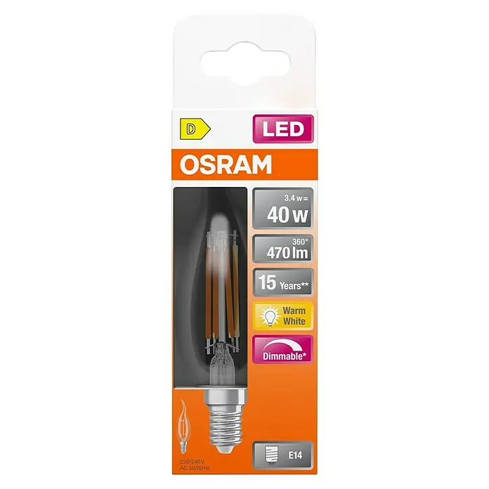 Osram Superstar LED-Lampe Classic BA - E14, Dimmbar, Warmweiß, 470 lm, 3,4 W - Produktverpackung einer dimmbaren OSRAM LED Lampe E14, die warmweißes Licht erzeugt, 470 Lumen hat und 15 Jahre hält.