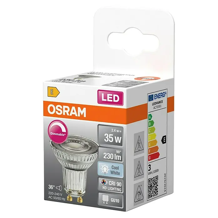 Osram Superstar LED-Lampe PAR16 - 2,4W - GU10, Dimmbar, Kaltweiß, 230 lm, 2,4 W - Abbildung einer LEDVANCE AC70581 LED-Lampe von OSRAM, dimmbar, mit 35W Leistung und dem Energielabel E.