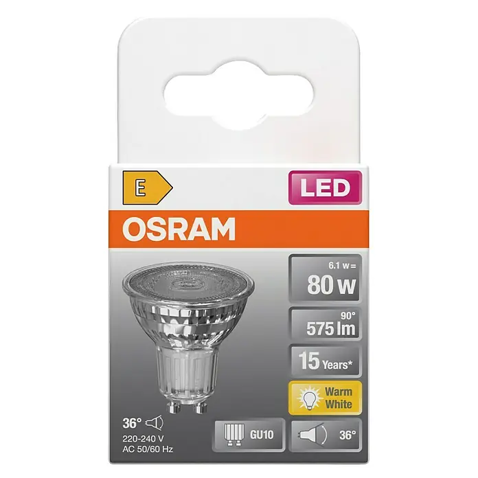 Osram LED-Lampe - GU10, Nicht Dimmbar, Warmweiß, 575 lm, 6,1 W - Produktverpackung einer OSRAM LED Lampe, GU10 Sockel, warmweißes Licht, Energieeffizienzklasse E.