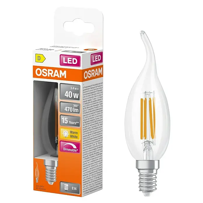 Osram Superstar LED-Lampe Classic BA - E14, Dimmbar, Warmweiß, 470 lm, 3,4 W - Produktbild einer Osram LED-Lampe E14, dimmbar, warmweiß, 40W-Äquivalent für stimmungsvolle Beleuchtung.