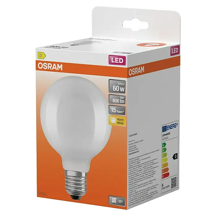 Osram Star LED-Lampe Globe 95 - E27, Nicht Dimmbar, Warmweiß, 806 lm, 5,9 W - Bild einer LED-Lampe von Osram. Die Lampe hat 5.9 W und 60 W, gibt warmweißes Licht und hat eine Lebensdauer von 15 Jahren.