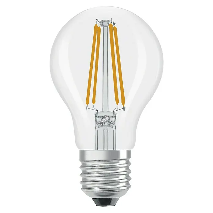 Osram Superstar LED-Lampe - E27, Dimmbar, Warmweiß, 806 lm, 5,9 W - Nahaufnahme einer klaren LED-Glühbirne mit Filamenten, die warmes Licht ausstrahlt und eine energiesparende Beleuchtungslösung darstellt.