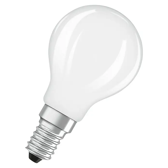 Osram Star Bombilla LED Classic - E14, No regulable, Blanco diurno, 470 lm, 3,4 W - Primer plano de una bombilla blanca mate con una base plateada, diseñada para proporcionar una iluminación suave y uniforme.