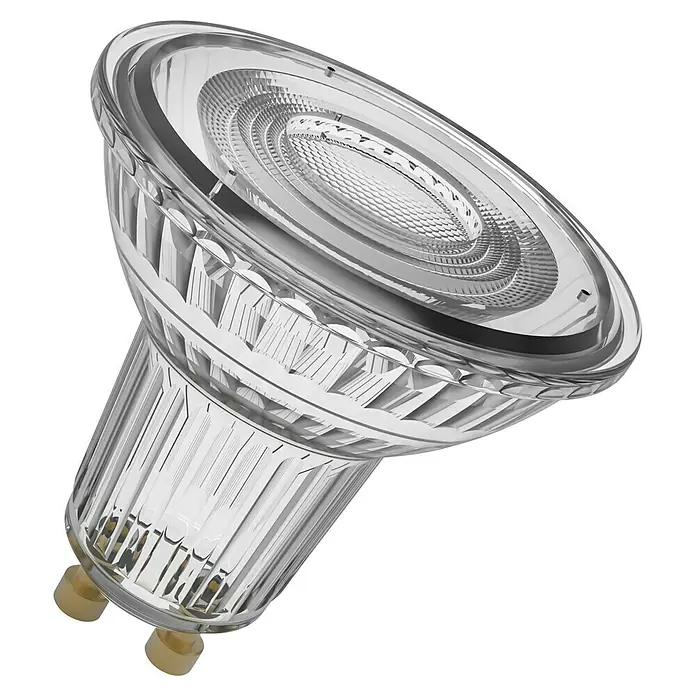 Osram Bombilla LED - GU10, 6,1 W, 575 lm - Primer plano de una lámpara LED MR16, que muestra su diseño claro y tecnología de iluminación moderna. Ideal para iluminación de acento.