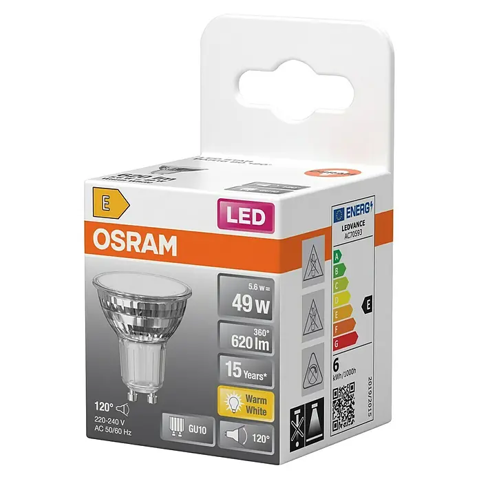 Osram Star LED-Lampe - GU10, Nicht Dimmbar, Warmweiß, 620 lm, 5,6 W - Bild einer LED-Lampe von Osram in ihrer Verpackung. Die Lampe ist energieeffizient und hat eine lange Lebensdauer.