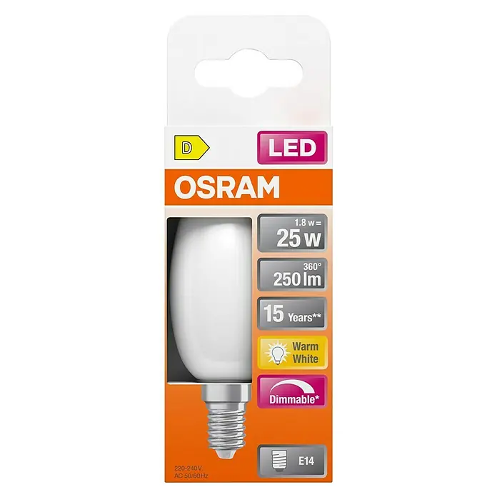 Osram Superstar LED-Lampe Classic B - E14, Dimmbar, Warmweiß, 250 lm, 1,8 W - Produktverpackung einer Osram LED Lampe E14, 1,8W, warmweiß, dimmbar und einer Lebensdauer von 15 Jahren.