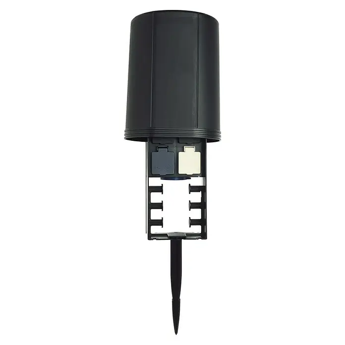 Oase Garten-Steckdose InScenio FM-Master 2 - 3.600 W, 220 V - 240 V - Das Bild zeigt ein schwarzes Gartensteckdosengehäuse für den Außenbereich. Es ist robust und wetterfest, um Ihre Stromversorgung im Garten zu sichern.