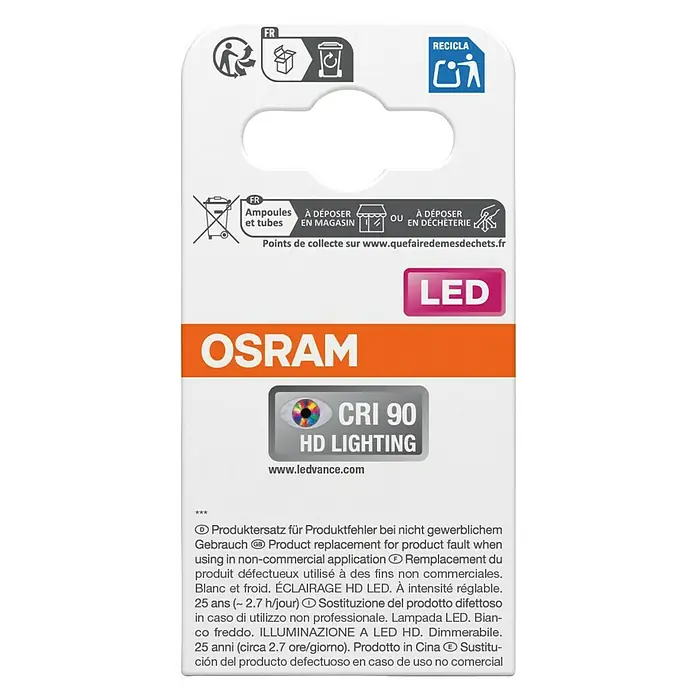 Osram Bombilla LED - GU10, 6,1 W, 575 lm - Embalaje de la bombilla LED OSRAM con información sobre la devolución e información del producto, como CRI 90 HD Lighting.