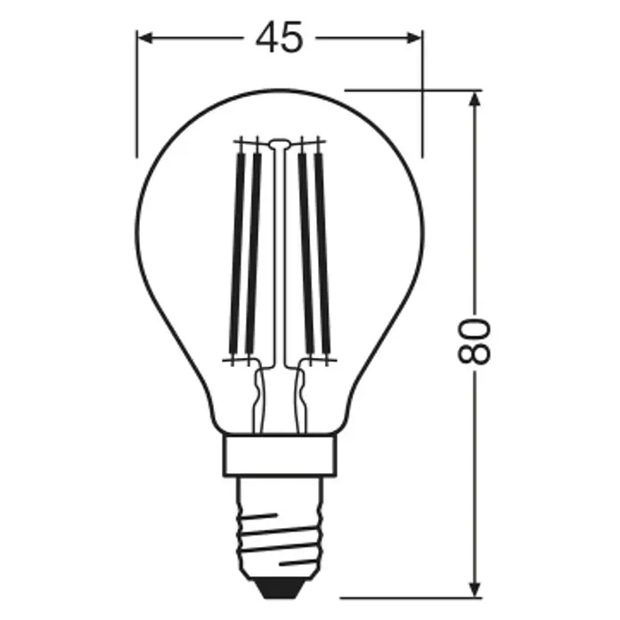 Osram Bombilla LED Esferic - E14, 3,4 W, 470 lm - Ilustración de una bombilla LED, de 45 mm de ancho y 80 mm de alto, ideal para soluciones de iluminación energéticamente eficientes.