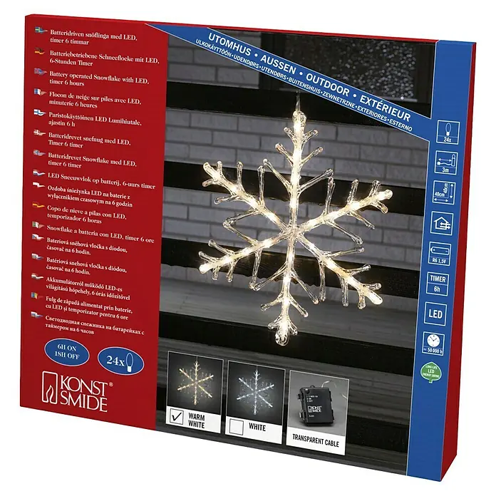 Konstsmide LED-Lichtschlauch Schneeflocke Silhouette -  - Box showing a battery-powered Konstsmide LED snowflake with a 6-hour timer, available in warm white or white light.