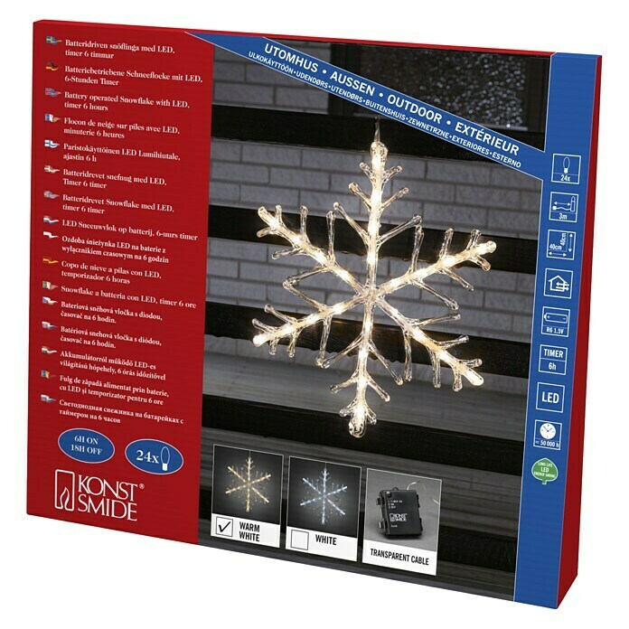 Konstsmide LED-Weihnachtsleuchte Schneeflocke (Außen, Durchmesser: 40 cm, 24-flammig, Warmweiß, Batteriebetrieben)