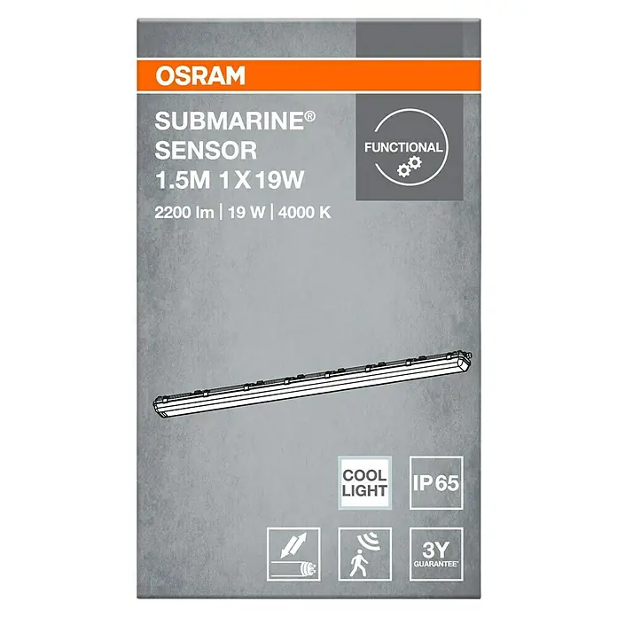 Osram LED-Feuchtraumlichtleiste Submarine - L x B x H: 156,1 x 6,6 x 7,5 cm, Lichtfarbe: Kaltweiß, 19 W, IP65 - Produktbild von Osram Submarine Sensor LED-Feuchtraumleuchte, 1,5M 1X19W, 2200 lm, 4000 K, mit den Logos: Functional, Cool light, IP 65, 3Y Guarantee.