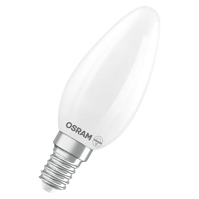Osram Superstar LED-Lampe Classic B - E14, Dimmbar, Warmweiß, 250 lm, 1,8 W - Nahaufnahme einer Osram LED-Lampe in Kerzenform, die ein warmes, effizientes Licht für stimmungsvolle Beleuchtung bietet.