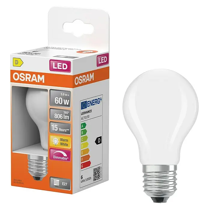 Osram Superstar LED-Lampe Classic A - frosted - E27, Dimmbar, Warmweiß, 806 lm, 5,9 W - Abbildung einer Osram LED Lampe, die mit ihrer Energieeffizienz und warmweißem Licht überzeugt und sich für den E27 Sockel eignet.