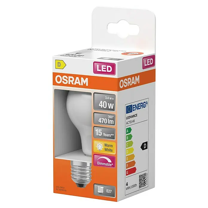 Osram Superstar LED-Lampe Classic A - E27, Dimmbar, Warmweiß, 470 lm, 3,4 W - Nahaufnahme einer Osram LED-Lampe in ihrer Verkaufsverpackung, die Energieeffizienz und Produktdetails hervorhebt.