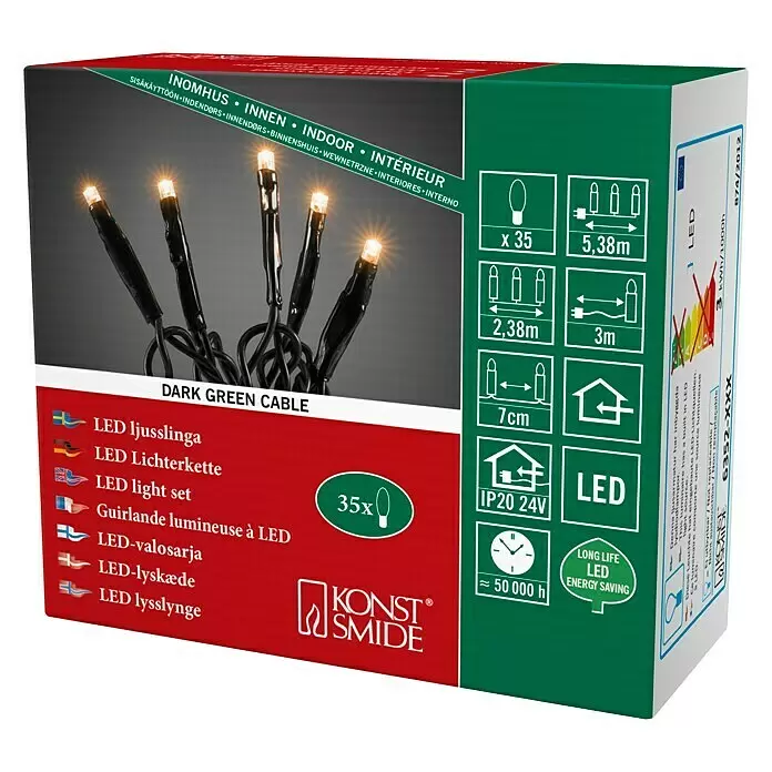 Konstsmide LED-Lichterkette - Innen, Lichtfarbe: Bernstein, Anzahl Leuchtmittel: 35 Stk., Netzbetrieben, 3,63 m - Box für Konstsmide LED Lichterkette mit 35 warmweißen LEDs an einem dunkelgrünen Kabel für den Innenbereich.