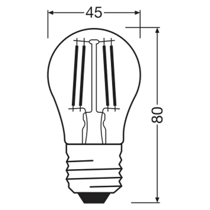 Osram Superstar LED-Lampe Classic P - E27, Dimmbar, Warmweiß, 470 lm, 3,4 W - Abbildung einer LED-Glühbirne mit den Maßen 45 x 80 mm, die die Bauform und Größe des Produkts veranschaulicht.