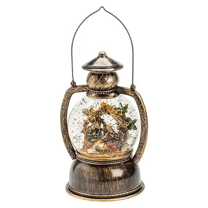 Konstsmide LED-Schneelaterne Weihnachtskrippe - Innen, Braun, 12,7 x 12,7 x 20 cm, Dorf, Batteriebetrieben - Vorderansicht