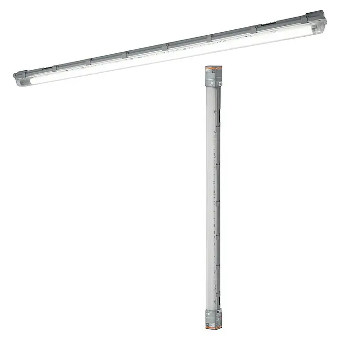 Osram LED-Feuchtraumlichtleiste Submarine - L x B x H: 156,1 x 6,6 x 7,5 cm, Lichtfarbe: Kaltweiß, 19 W, IP65 - Diese Aufnahme zeigt eine LED-Feuchtraumleuchte mit einem grauen Gehäuse und einer integrierten Lichtquelle, ideal für Industrie- und Außenbereiche.